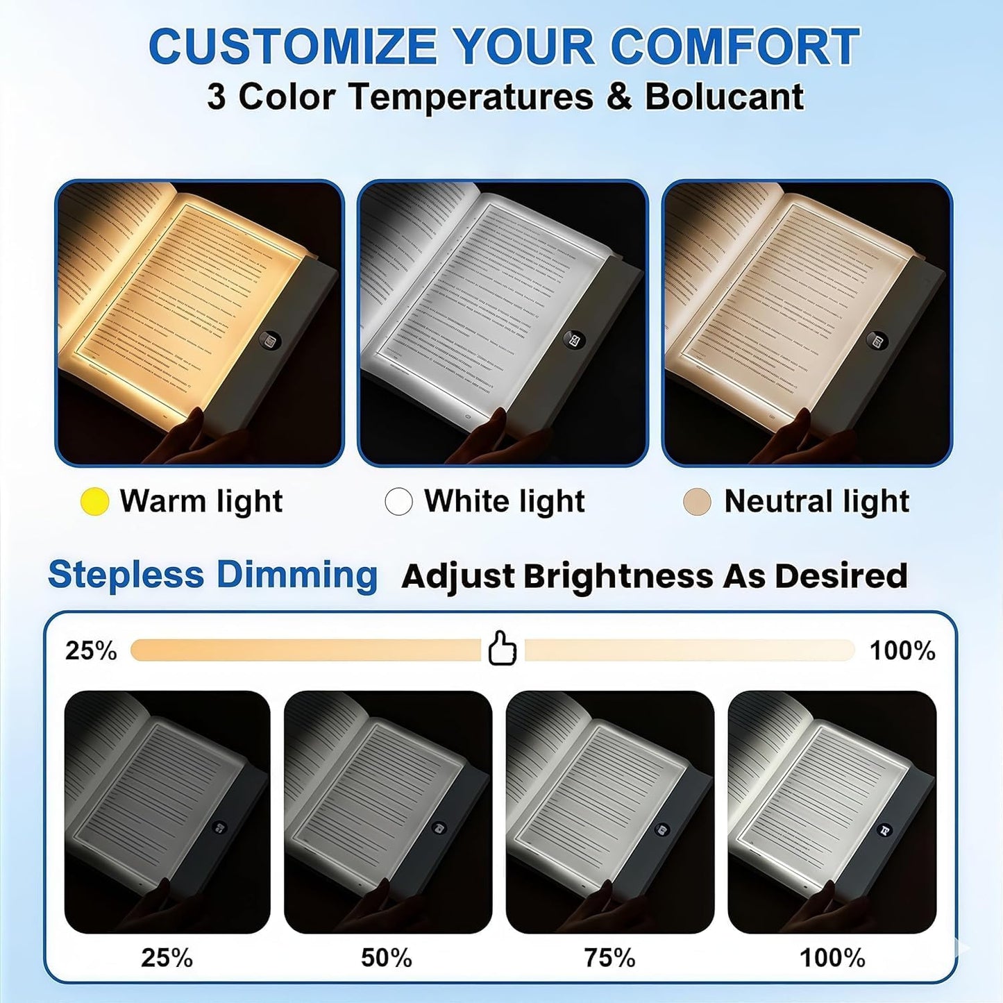 ✨Newly Upgraded Version Rechargeable Clear LED Flat Book Lights 3 Colors & Timer